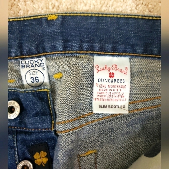 Lucky Brand~Men’s Size 36×30~Blue Denim Slim Bootleg Dungaress Jeans Distressed - Picture 7 of 11